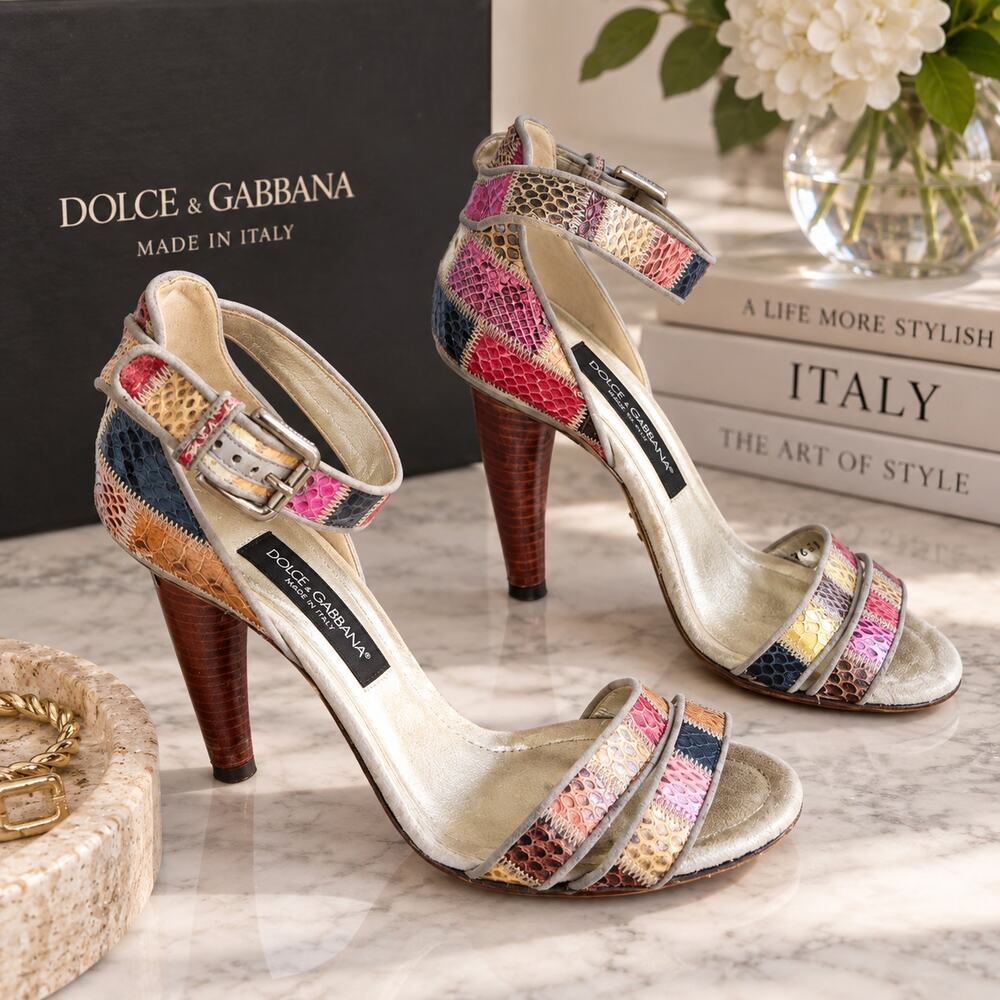 Dolce & Gabbana Sz 38.5 / US 8.5 Multicolor Patchwork Ayers Python Sandals Boho